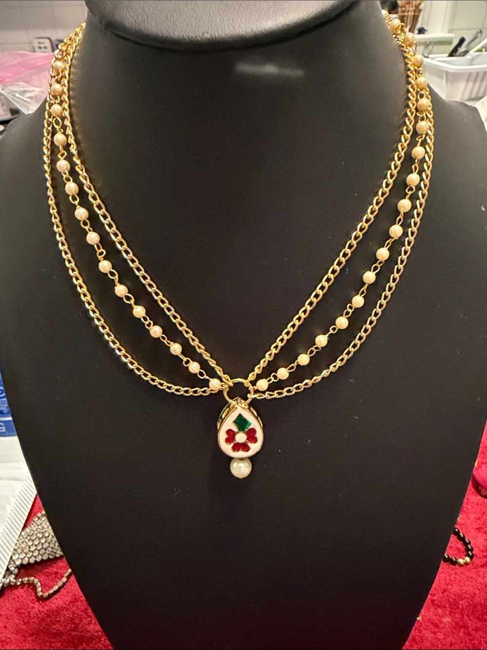 Kundan choker Gold Multi-Strand Necklace with Pearl Beads and Floral Pendant 13”